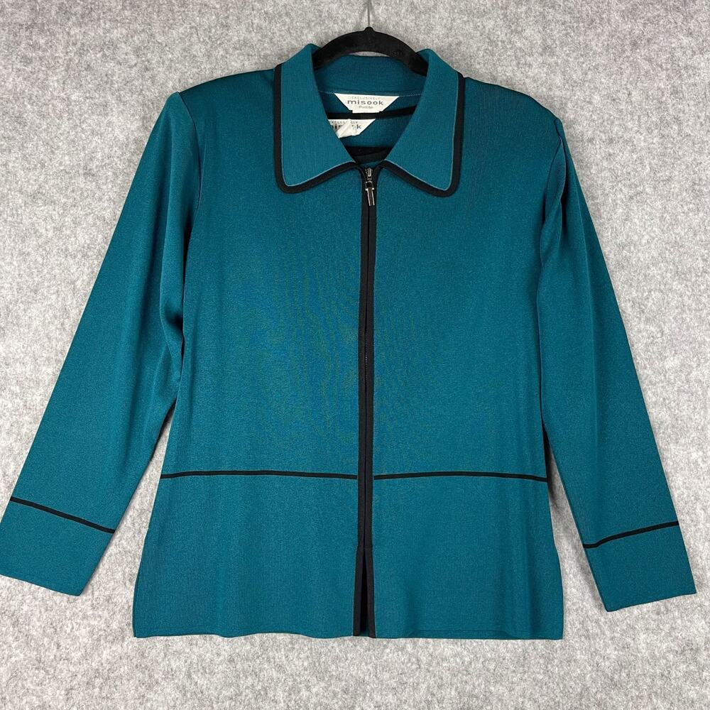 Exclusively Misook 2 Piece Sweater Set Cardigan Tank Top Womens XS Teal Full Zip